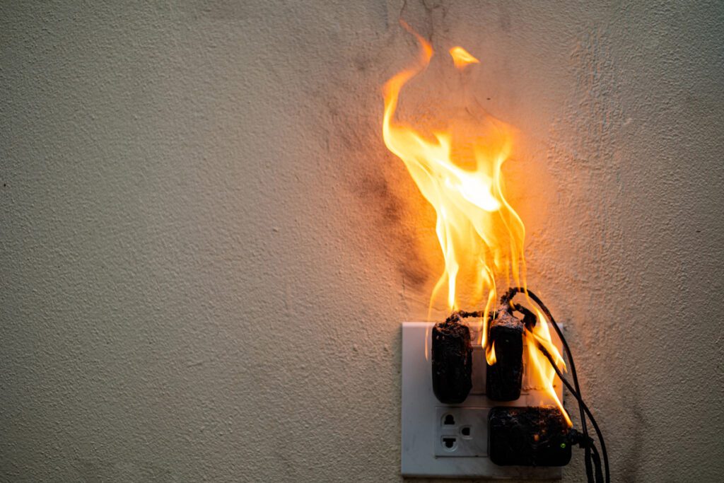 Fire damage repair in Studio City, CA, as a fire begins from an outlet.